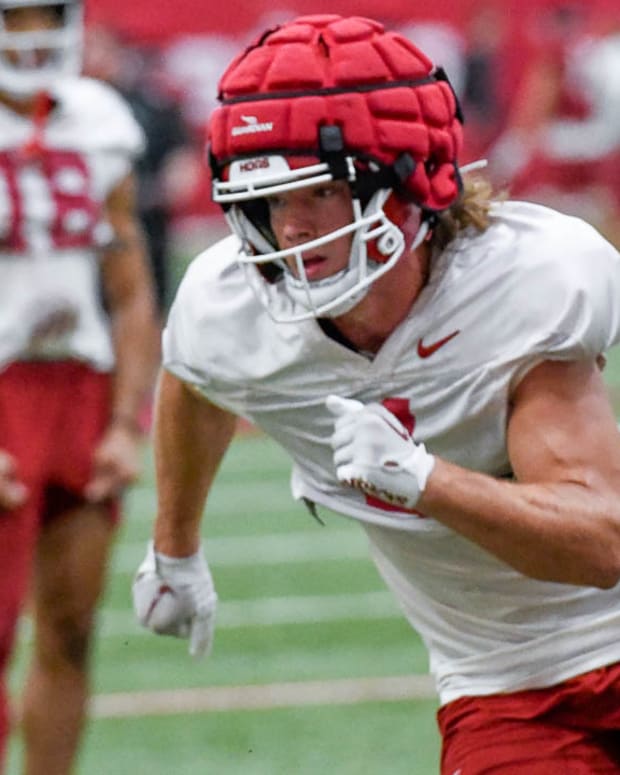 Razorbacks Isaac TeSlaa in fall camp practice 5 on Tuesday morning at the indoor facility